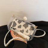 Weiyinxing Fashion Clear Acrylic Box Clutch Purse Women Transparent Handbag Plastic Barrel Shaped Bag Girl Party Bag with Pearl Chain