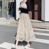 Weiyinxing Flower Lace Skirt Spring Summer Women High Waist Boho Beach Long Skirts Vintage Pletaed Gauze Skirt Sweet Beige N430