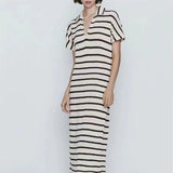 Weiyinxing Polo Women Striped Knit Dress 2023 New Loose Casual Midi Long Dress Vintage Short Sleeve Female Straight Robe Mujer P884