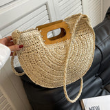 Weiyinxing Summer Wood Handle Women Handbag Saddle Crossbody Shoulder Bag Large Capacity Rattan Straw Bags Lady Woven Summer Beach Bag