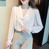 Weiyinxing Sleeve Chiffon Blouse Shirt Women Tops Blusas Mujer De Moda 2023 Lace Doll Collar Blouse Women Blusa Feminina Blouses G355