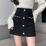 Weiyinxing Tweed Skirts Women Elegant Mini Skirt Harajuku Slim Office Lady Pockets Golden Buttons Pencil Skirt Autumn Winter O360