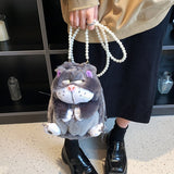 Weiyinxing Cute Plush Cat Crossbody Bags For Women Pearl Chain Small Messenger Bag Warm Plush Doll Shoulder Bag Birthday Gift Toy