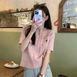 Weiyinxing Embroidered Retro Twist Cotton Sweater Women's Short Sleeve T-Shirt Cropped Top Casual Solid Slim Tees Jumpers New P150