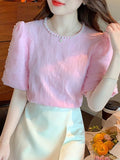 Weiyinxing Sleeve Blouse Women Blusas Mujer De Moda 2023 Verano Beading O-Neck Pink Chiffon Blouse Shirt Women Tops Blouses C449