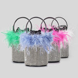 weiyinxing Ostrich Feather Diamonds Evening Bag Crystal Mesh Bucket Lady Handbags Luxury Rhinestone Shoulder Bag Party Small Purses