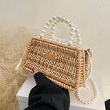 Weiyinxing Straw Bag For Women Small Woven Handmade Pearl Handbag Lady Tote Vacation Beach Bag Rattan Leisure Shoulder Bag Purse