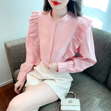 Weiyinxing Long Sleeve Blouse Women Blusas Mujer De Moda 2023 Ruffles Stand Collar Pink Blouse Shirt Women Tops Shirts Blusa G797