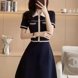 Weiyinxing Contrast Color Knit A-line Dress Women Summer New Casual POLO Collar Zipper Lady Simple High Waist Slim Short Dress P637