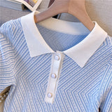 Weiyinxing Dress Women Summer Blue Stripe Casual Polo Slim Mini Dresses Elegant O-neck Short Sleeve High Waist Dress Sweet N716