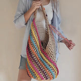 weiyinxing Colorful Striped Straw Women Shoulder Bags Hollow Large Tote Bag Handmade Summer Beach Bag Big Bali Handabgs 2023 Holiday