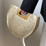 Weiyinxing Summer Wood Handle Women Handbag Saddle Crossbody Shoulder Bag Large Capacity Rattan Straw Bags Lady Woven Summer Beach Bag