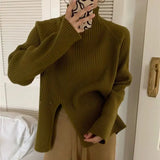 Weiyinxing Knitting Sweaters Women Korea Autumn Winter Vintage Split Striped Pullover Loose Thickening Tops Elegant Buttons O248