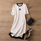 Weiyinxing Flower Knitted Dress Summer Women Loose Round Collar Split T-shirt Dresses Casual Short Sleeve Mini Dress Elegant N709