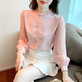 Weiyinxing Women Pink Chiffon Blouse Shirt Women Tops Blusas Mujer De Moda 2023 Long Sleeve Blouse Women Shirts Blouses Femme F447