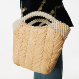 weiyinxing Pearls Women Straw Handbags Designer Paper Woven Basket Bag Handmade Shoulder Crossbody Bags Summer Beach Large Tote Bag