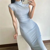 Weiyinxing Half-high T Shirt Dress For Women Elegant Midi Bodycon Casual Solid Clothing Femme Fashion Thin Summer Vestidos P140