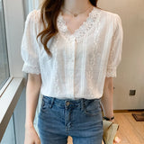 Weiyinxing Short Sleeve White Blouse Women Lace V-Neck Blouse Shirt Blusas Mujer De Moda 2023 Verano Women Tops Blouses Shirts F452