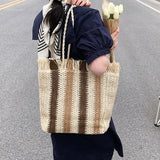 Weiyinxing Striped Beach Straw Bag Large Capacity Shoulder Bag For Women Handmade Woven Handbag Raffia Rattan Bag Casual Tote Bag