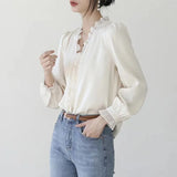 Weiyinxing Sleeve Blouse Women Blusas Mujer De Moda 2023 Ruffles V-Neck Apricot White Chiffon Blouse Shirt Women Tops Blouses G363