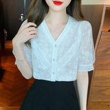 Weiyinxing Short Sleeve White Blouse Women Blusas Mujer De Moda 2023 Verano V-Neck Lace Blouse Shirt Women Tops Shirts Blouses B292