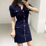 Weiyinxing Women Mini Knitted Dress Vintage Metal Buttons High Waist Sheath Pencil Dresses Turn-down Neck Elegant Dress Office Lady N237