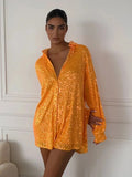 Weiyinxing Shiny Button Up Shirt Women Party Dress Sexy Sequins Party Club Loose Female Tops 2023 Fashion Street Sparkle Blouses
