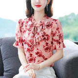 Weiyinxing Summer Women Tops Short Sleeve Print Chiffon Blouse Shirt Blusas Mujer De Moda 2023 Verano Ruffles V-Neck Blouse Women G580