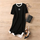 Weiyinxing Flower Knitted Dress Summer Women Loose Round Collar Split T-shirt Dresses Casual Short Sleeve Mini Dress Elegant N709