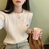 Weiyinxing Embroidered Retro Twist Cotton Sweater Women's Short Sleeve T-Shirt Cropped Top Casual Solid Slim Tees Jumpers New P150