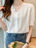 Weiyinxing Short Sleeve White Blouse Women Lace V-Neck Blouse Shirt Blusas Mujer De Moda 2023 Verano Women Tops Blouses Shirts F452