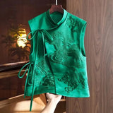 Weiyinxing Heavy White Stork Embroidery Green Lace Chinese Vest Jacket 2023 Spring Summer Chinese Style Waistcoats Outerwear Female