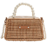 Weiyinxing Straw Bag For Women Small Woven Handmade Pearl Handbag Lady Tote Vacation Beach Bag Rattan Leisure Shoulder Bag Purse