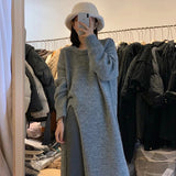 Weiyinxing Elegant Split Autumn Knitted Sweater Dress Women O-Neck Vintage Midi Dress Loose Party Dresses Solid Color Straight M520