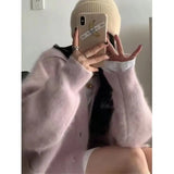 Weiyinxing Cashmere Pink Cardigan Women Autumn Winter Vintage Sweater Single Breasted Knitted V-neck Oversized Coat Gentle Mohair O405