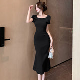 Weiyinxing Slash Neck Solid Sweater Dress Sexy Summer Women Slim Elastic Mermaid Long Dress Streetwear Knitted Bodycon Dress P506