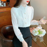 Weiyinxing Long Sleeve White Lace Blouse Shirt Women Tops Blusas Mujer De Moda 2023 Elegantes Stand Collar Blouse Women Blusa H255