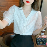 Weiyinxing Short Sleeve White Blouse Women Blusas Mujer De Moda 2023 Verano V-Neck Lace Blouse Shirt Women Tops Shirts Blouses B292