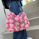 Weiyinxing Hot Girls Pink Love Underarm Bags Soft Plush Heart Pattern Ladies Shoulder Bag Female Chain Furry Crossbody Bag Handbags