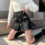 Weiyinxing Tweed Skirts High Waist Women Mini Skirt Slim Vintage A-line Trumpet Skirts Autumn Winter Harajuku Buttons Designer O362