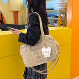 Weiyinxing Casual Bag for Women Shoulder Bags 2023 Corduroy Shopper JK Cartoon Embroidered Bear Letter Girls Handbags Student Tote Bag
