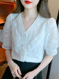 Weiyinxing Short Sleeve White Blouse Women Blusas Mujer De Moda 2023 Verano V-Neck Lace Blouse Shirt Women Tops Shirts Blouses B292