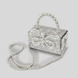 weiyinxing Diamonds Bow Box Evening Bag Designer Rhinestone Beading Women Handbags Shinny Shoulder Crossbody Bag Small Flap Purses