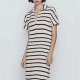 Weiyinxing Polo Women Striped Knit Dress 2023 New Loose Casual Midi Long Dress Vintage Short Sleeve Female Straight Robe Mujer P884