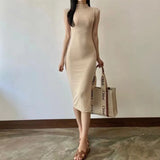 Weiyinxing Half-high T Shirt Dress For Women Elegant Midi Bodycon Casual Solid Clothing Femme Fashion Thin Summer Vestidos P140