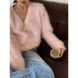 Weiyinxing Cashmere Knitted Cardigan Coat Korean Fashion Solid V Neck Short Long Sleeved Gold Button Sweater Tops Soft New Fall T153