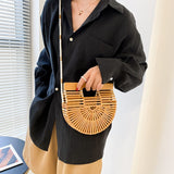 Weiyinxing New Half Moon Wooden Shoulder Crossbody Bags for Women Bamboo Woven Summer Beach Straw Bag Rattan Small Phone Purse