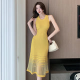 Weiyinxing Elegant Woman Knitted Sundress Thin New Patchwork Mesh Fairy Sleeveless Robe Dress Sexy Slim Elastic Ladies Clothes P503