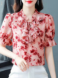 Weiyinxing Summer Women Tops Short Sleeve Print Chiffon Blouse Shirt Blusas Mujer De Moda 2023 Verano Ruffles V-Neck Blouse Women G580