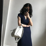 Weiyinxing Casual Knitted Long Dress Spring Summer Loose Sweater Dress Women V-Neck Striped Ribbed Dresses Holiday Beach Robe P629